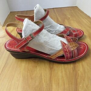 SPRING STEP Marigold Red Leather Floral Wedge Sandals Sz 41 (9.5-10) Shoes NEW